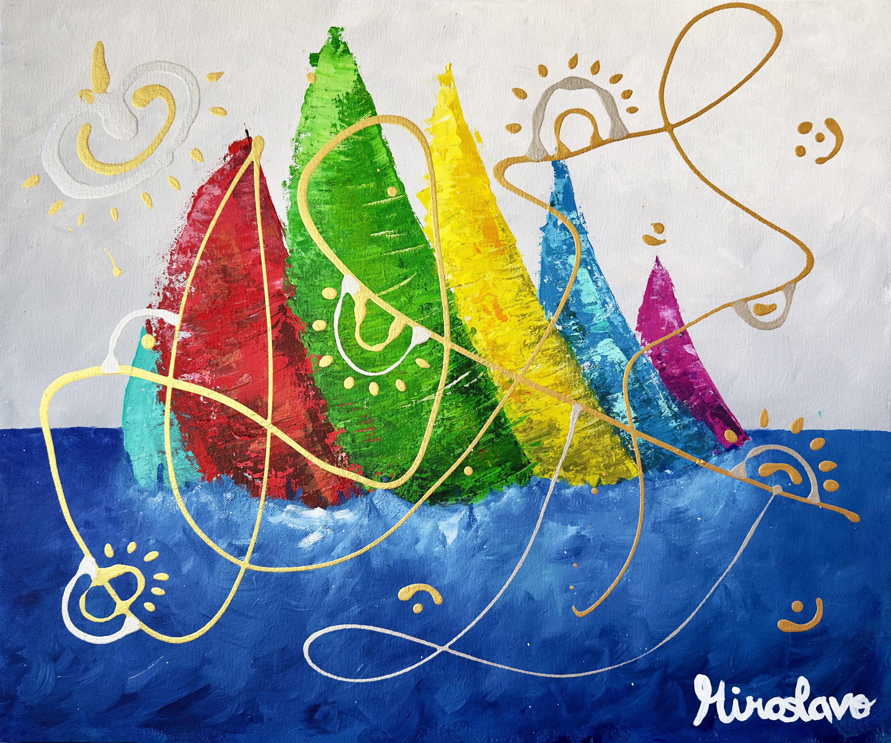 Exploring the Allure of Sailboat Paintings: A Dive into Abstract, Colourful Representations 3 sailing with friends miroslavo abstract boat painting
