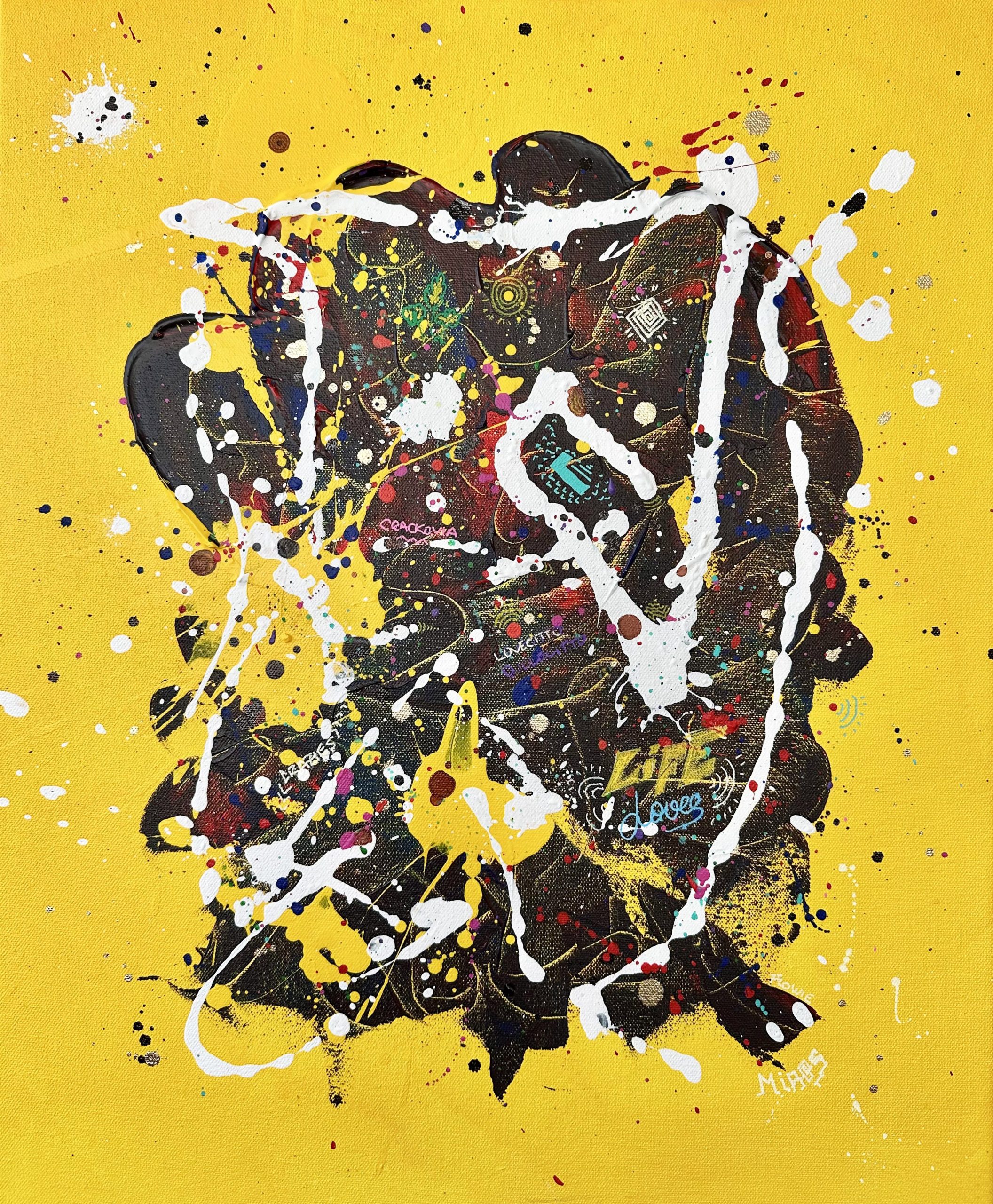 Chaos in Stillness 1 Abstract painting about denial with yellow background and abstracted face in the middle.