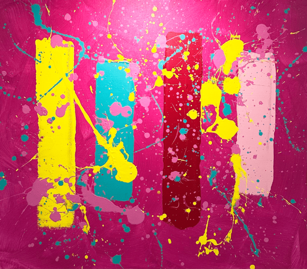Pink Abstract Paiting with yellow, turquoise, red and light pink with splashes and 4 bars.